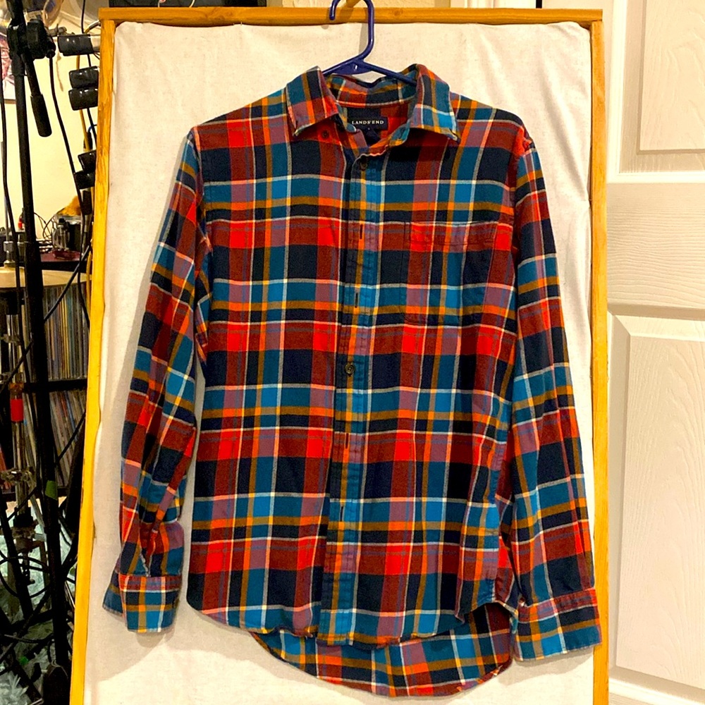 Land’s End Men’s plaid Flannel Shirt Small Blue Red and Orange